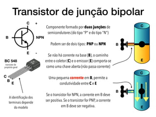 Transistor de junção bipolar
C
C
E
E
B
B
NPNB
C
E
+
-
Componente formado por duas junções de
semicondutores (do tipo "P" e do tipo "N")
Podem ser de dois tipos: PNP ou NPN
Se não há corrente na base (B), o caminho
entre o coletor (C) e o emissor (E) comporta-se
como uma chave aberta (não passa corrente)
Uma pequena corrente em B, permite a
condutividade entre C e E
Se o transistor for NPN, a corrente em B deve
ser positiva. Se o transistor for PNP, a corrente
em B deve ser negativa.
C
B
E
A identiﬁcação dos
terminais depende
do modelo
BC 548
transistor de
propósito geral
 