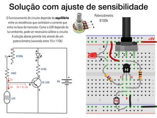 Solução com ajuste de sensibilidade
O funcionamento do circuito depende do equilíbrio
entre as resistências que controlam a corrente que
entra na base do transistor. Como o LDR depende da
luz ambiente, pode ser necessário calibrar o circuito.
A solução abaixo permite isto através de um
potenciômetro (variando entre 10 e 110k)
A
B C A
C
B
+9V
B
C E
A
K
Potenciômetro
B100k
I1
I2 IB = I1-I2
 