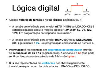 Lógica digital
• Associa valores de tensão a níveis lógicos binários (0 ou 1)

• A tensão de referência para o valor ALTO (HIGH) ou LIGADO (ON) é
estabelecida pelo circuito (valores típicos: 1,1V, 3,3V, 5V, 9V, 12V,
15V). Em programação corresponde ao número 1.

• A tensão de referência para o valor BAIXO (LOW) ou DESLIGADO
(OFF) geralmente é 0V. Em programação corresponde ao número 0.

• Informação é representada em programas de computador através
de sequências de 0s e 1s (lógica binária). A unidade é o bit (que pode
ser 0 ou 1) e palavras (sequências) de 8 bits são bytes.

• Bits são representados em eletrônica por chaves (geralmente
transistores) que podem ter dois estados: LIGADO ou DESLIGADO
0
1
0
 