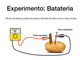 Experimento: Batateria
Cobre (positivo)
Zinco (negativo)
Monte uma bateria usando uma batata e eletrodos de cobre e zinco e meça a tensão
 