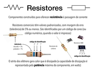 Resistores
Componentes construídos para oferecer resistência à passagem de corrente
Resistores comerciais têm valores padronizados, com margem de erro
(tolerância) de 5% ou menos. São identiﬁcados por um código de cores (ou
código numérico, quando o valor é impresso)
O atrito dos elétrons gera calor que é dissipado (a capacidade de dissipação é
representada pela potência máxima do componente, em watts)
Resistores SMD
tolerância
dourado = 5%
prateado = 1%
Resistores de
carbono
código de identiﬁcação
3° 2° 1°
1° 2° 3°
código de identiﬁcação
 