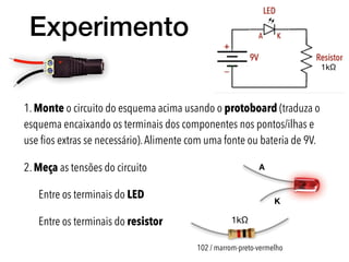 Experimento
1. Monte o circuito do esquema acima usando o protoboard (traduza o
esquema encaixando os terminais dos componentes nos pontos/ilhas e
use ﬁos extras se necessário).Alimente com uma fonte ou bateria de 9V.
2. Meça as tensões do circuito
Entre os terminais do LED
Entre os terminais do resistor
A
K
1kΩ
1kΩ
102 / marrom-preto-vermelho
+
 