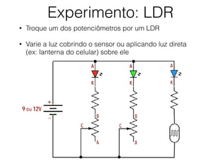 Experimento: LDR
• Troque um dos potenciômetros por um LDR
• Varie a luz cobrindo o sensor ou aplicando luz direta
(ex: la...
