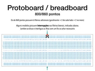 Protoboard / breadboard
800/860 pontos
Os de 860 pontos possuem 6 ﬁleiras adicionais (geralmente + 2 de cada lado + 2 no m...
