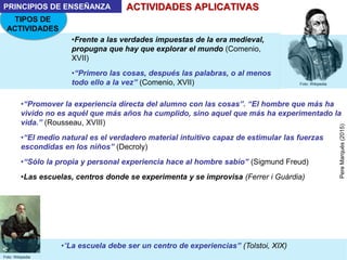•Frente a las verdades impuestas de la era medieval,
propugna que hay que explorar el mundo (Comenio,
XVII)
•“Primero las cosas, después las palabras, o al menos
todo ello a la vez” (Comenio, XVII)
•“Promover la experiencia directa del alumno con las cosas”. “El hombre que más ha
vivido no es aquél que más años ha cumplido, sino aquel que más ha experimentado la
vida.” (Rousseau, XVIII)
•“El medio natural es el verdadero material intuitivo capaz de estimular las fuerzas
escondidas en los niños” (Decroly)
•“Sólo la propia y personal experiencia hace al hombre sabio” (Sigmund Freud)
•Las escuelas, centros donde se experimenta y se improvisa (Ferrer i Guàrdia)
Foto: Wikipedia
ACTIVIDADES APLICATIVAS
TIPOS DE
ACTIVIDADES
PRINCIPIOS DE ENSEÑANZA
<
Foto: Wikipedia
•“La escuela debe ser un centro de experiencias” (Tolstoi, XIX)
<
PereMarquès(2015)
 
