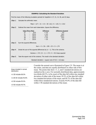 Summarizing Data
Page 2-45
EXAMPLE: Calculating the Standard Deviation
Find the mean of the following incubation periods for hepatitis A: 27, 31, 15, 30, and 22 days.
Step 1. Calculate the arithmetic mean.
Mean = (27 + 31 + 15 + 30 +22) / 5 = 125 / 5 = 25.0
Step 2. Subtract the mean from each observation. Square the difference.
Value Minus Mean Difference Difference Squared
27 - 25.0 + 2.0 4.0
31 - 225.0 + 6.0 36.0
15 - 225.0 –10.0 100.0
30 - 225.0 + 5.0 25.0
22 - 225.0 – 3.0 9.0
Step 3. Sum the squared differences.
Sum = 4 + 36 + 100 + 25 + 9 = 174
Step 4. Divide the sum of the squared differences by (n – 1). This is the variance.
Variance = 174 / (5 – 1) = 174 / 4 = 43.5 days squared
Step 5. Take the square root of the variance. The result is the standard deviation.
Standard deviation = square root of 43.5 = 6.6 days
Areas included in normal
distribution:
±1 SD includes 68.3%
±1.96 SD includes 95.0%
±2 SD includes 95.5%
±3 SD includes 99.7%
Consider the normal curve illustrated in Figure 2.9. The mean is at
the center, and data are equally distributed on either side of this
mean. The points that show ±1, 2, and 3 standard deviations are
marked on the x-axis. For normally distributed data, approximately
two-thirds (68.3%, to be exact) of the data fall within one standard
deviation of either side of the mean; 95.5% of the data fall within
two standard deviations of the mean; and 99.7% of the data fall
within three standard deviations. Exactly 95.0% of the data fall
within 1.96 standard deviations of the mean.
 