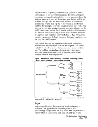 Displaying Public Health Data
Page 4-59
cancer screening, depending on the findings (outcomes) of the
screening, his or her physician may advise diet or more frequent
screenings; some combination of these two; or treatment. From the
person’s perspective, this is a chance outcome; from a health-care
provider’s perspective, it is a decision. Whether an outcome is
intermediate or final may depend on the context of the decision
problem. For example, colorectal cancer screening may be the final
outcome in a decision analysis focusing on colorectal cancer as the
health condition of interest, but it may be an intermediate outcome
in a decision analysis focusing on more invasive cancer treatment.
In a decision tree, outcomes follow a chance node, a circle, with
branches representing different outcomes that occur by chance, one
and only one of which occurs.
Each chance outcome has a probability by which it can occur
written below the branch in a decision-tree diagram. The sum of
probabilities for all outcomes that can occur at a chance node is
one. The building blocks of decision analysis –– decisions,
outcomes, and probabilities — can be used to represent and
examine complex decision problems.
Figure 4.33 Decision Tree Comparing Colorectal Screening Current
Practice with a Targeted Family History Strategy
Source: Tyagi A, Morris J. Using decision analytic methods to assess the utility of family
history tools. Am J Prev Med 2003;24:199–207.
Maps
Maps are used to show the geographic location of events or
attributes. Two types of maps commonly used in field
epidemiology are spot maps and area maps. Spot maps use dots or
other symbols to show where each case-patient lived or was
 