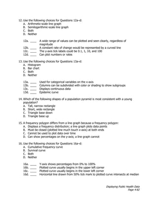 Displaying Public Health Data
Page 4-82
12. Use the following choices for Questions 12a–d:
A. Arithmetic-scale line graph
B. Semilogarithmic-scale line graph
C. Both
D. Neither
12a. ____ A wide range of values can be plotted and seen clearly, regardless of
magnitude
12b. ____ A constant rate of change would be represented by a curved line
12c. ____ The y-axis tick labels could be 0.1, 1, 10, and 100
12d. ____ Can plot numbers or rates
13. Use the following choices for Questions 13a–d:
A. Histogram
B. Bar chart
C. Both
D. Neither
13a. ____ Used for categorical variables on the x-axis
13b. ____ Columns can be subdivided with color or shading to show subgroups
13c. ____ Displays continuous data
13d. ____ Epidemic curve
14. Which of the following shapes of a population pyramid is most consistent with a young
population?
A. Tall, narrow rectangle
B. Short, wide rectangle
C. Triangle base down
D. Triangle base up
15. A frequency polygon differs from a line graph because a frequency polygon:
A. Displays a frequency distribution; a line graph plots data points
B. Must be closed (plotted line much touch x-axis) at both ends
C. Cannot be used to plot data over time
D. Can show percentages on the y-axis; a line graph cannot
16. Use the following choices for Questions 16a–d:
A. Cumulative frequency curve
B. Survival curve
C. Both
D. Neither
16a. ____ Y-axis shows percentages from 0% to 100%
16b. ____ Plotted curve usually begins in the upper left corner
16c. ____ Plotted curve usually begins in the lower left corner
16d. ____ Horizontal line drawn from 50% tick mark to plotted curve intersects at median
 