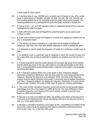 Displaying Public Health Data
Page 4-86
a wide range of values clearly.
12b. A. A starting value of, say, 100,000 and a constant rate of change of, say, 10%, would
result in observations of 100,000, 110,000, 121,000, 133,100, 146, 410, 161,051, etc.
The resulting plotted line on an arithmetic-scale line graph would curve upwards. The
resulting plotted line on a semilogarithmic-scale line graph would be a straight line.
12c. B. Values of 0.1, 1,10, and 100 represent orders of magnitude typical of the y-axis of a
semilogarithmic-scale line graph.
12d. C. Both arithmetic-scale and semilogarithmic-scale line graphs can be used to plot
numbers or rates.
13. a. B. A bar chart is used to graph the frequency of events of a categorical variable such as
sex, or geographic region.
13b. C. The columns of either a histogram or a bar chart can be shaded to distinguish
subgroups. Note that a bar chart with shaded subgroups is called a stacked bar chart.
13c. A. A histogram is used to graph the frequency of events of a continuous variable such as
time.
13d. A. An epidemic curve is a particular type of histogram in which the number of cases (on
the y-axis) that occur during an outbreak or epidemic are graphed over time (on the x-
axis).
14. C. A typical population pyramid usually displays the youngest age group at the bottom
and the oldest age group at the top, with males on one side and females on the other
side. A young population would therefore have a wide bar at the bottom with gradually
narrowing bars above.
15. A, B. A frequency polygon differs from a line graph in that a frequency polygon
represents a frequency distribution, with the area under the curve proportionate to the
frequency. Because the total area must represent 100%, the ends of the frequency
polygon must be closed. Although a line graph is commonly used to display frequencies
over time, a frequency polygon can display the frequency distribution of a given period
of time as well. Similarly, the y-axis of both types of graph can measure percentages.
16. a. C. The y-axis of both cumulative frequency curves and survival curves typically display
percentages from 0% at the bottom to 100% at the top. The main difference is that a
cumulative frequency curve begins at 0% and increases, whereas a survival curve
begins at 100% and decreases.
16b. B. Because a survival curve begins at 100%, the plotted curve begins at the top of the
y-axis and at the beginning time interval (sometimes referred to as time-zero) of the x-
axis, i.e., in the upper left corner.
16c. A. Because a cumulative frequency curve begins at 0%., the plotted curve begins at the
base of the y-axis and at the beginning time interval (sometimes referred to as time-
zero) of the x-axis, i.e., in the lower left corner.
 