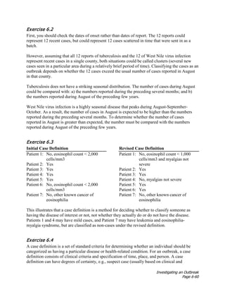 Investigating an Outbreak
Page 6-60
Exercise 6.2
First, you should check the dates of onset rather than dates of report. The 12 reports could
represent 12 recent cases, but could represent 12 cases scattered in time that were sent in as a
batch.
However, assuming that all 12 reports of tuberculosis and the 12 of West Nile virus infection
represent recent cases in a single county, both situations could be called clusters (several new
cases seen in a particular area during a relatively brief period of time). Classifying the cases as an
outbreak depends on whether the 12 cases exceed the usual number of cases reported in August
in that county.
Tuberculosis does not have a striking seasonal distribution. The number of cases during August
could be compared with: a) the numbers reported during the preceding several months; and b)
the numbers reported during August of the preceding few years.
West Nile virus infection is a highly seasonal disease that peaks during August-September-
October. As a result, the number of cases in August is expected to be higher than the numbers
reported during the preceding several months. To determine whether the number of cases
reported in August is greater than expected, the number must be compared with the numbers
reported during August of the preceding few years.
Exercise 6.3
Initial Case Definition
Patient 1: No, eosinophil count < 2,000
cells/mm3
Patient 2: Yes
Patient 3: Yes
Patient 4: Yes
Patient 5: Yes
Patient 6: No, eosinophil count < 2,000
cells/mm3
Patient 7: No, other known cancer of
eosinophilia
Revised Case Definition
Patient 1: No, eosinophil count < 1,000
cells/mm3 and myalgias not
severe
Patient 2: Yes
Patient 3: Yes
Patient 4: No, myalgias not severe
Patient 5: Yes
Patient 6: Yes
Patient 7: No, other known cancer of
eosinophilia
This illustrates that a case definition is a method for deciding whether to classify someone as
having the disease of interest or not, not whether they actually do or do not have the disease.
Patients 1 and 4 may have mild cases, and Patient 7 may have leukemia and eosinophilia-
myalgia syndrome, but are classified as non-cases under the revised definition.
Exercise 6.4
A case definition is a set of standard criteria for determining whether an individual should be
categorized as having a particular disease or health-related condition. For an outbreak, a case
definition consists of clinical criteria and specification of time, place, and person. A case
definition can have degrees of certainty, e.g., suspect case (usually based on clinical and
 