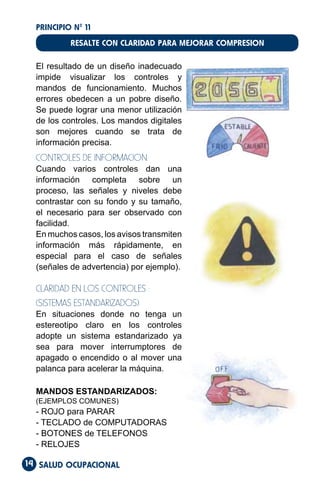 SALUD OCUPACIONAL
14
PRINCIPIO Nº 11
RESALTE CON CLARIDAD PARA MEJORAR COMPRESION
El resultado de un diseño inadecuado
impide visualizar los controles y
mandos de funcionamiento. Muchos
errores obedecen a un pobre diseño.
Se puede lograr una menor utilización
de los controles. Los mandos digitales
son mejores cuando se trata de
información precisa.
CONTROLES DE INFORMACION:
Cuando varios controles dan una
información completa sobre un
proceso, las señales y niveles debe
contrastar con su fondo y su tamaño,
el necesario para ser observado con
facilidad.
En muchos casos, los avisos transmiten
información más rápidamente, en
especial para el caso de señales
(señales de advertencia) por ejemplo).
CLARIDAD EN LOS CONTROLES :
(SISTEMAS ESTANDARIZADOS)
En situaciones donde no tenga un
estereotipo claro en los controles
adopte un sistema estandarizado ya
sea para mover interrumptores de
apagado o encendido o al mover una
palanca para acelerar la máquina.
MANDOS ESTANDARIZADOS:
(EJEMPLOS COMUNES)
- ROJO para PARAR
- TECLADO de COMPUTADORAS
- BOTONES de TELEFONOS
- RELOJES
 