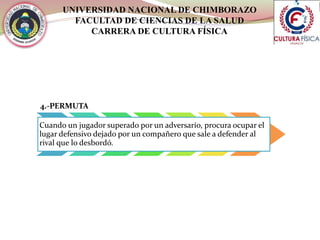 UNIVERSIDAD NACIONAL DE CHIMBORAZO
FACULTAD DE CIENCIAS DE LA SALUD
CARRERA DE CULTURA FÍSICA
4.-PERMUTA
Cuando un jugador superado por un adversario, procura ocupar el
lugar defensivo dejado por un compañero que sale a defender al
rival que lo desbordó.
 