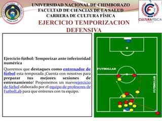 UNIVERSIDAD NACIONAL DE CHIMBORAZO
FACULTAD DE CIENCIAS DE LA SALUD
CARRERA DE CULTURA FÍSICA
EJERCICIO TEMPORIZACION
DEFENSIVA
Ejercicio fútbol: Temporizar ante inferioridad
numérica
Queremos que destaques como entrenador de
fútbol esta temporada ¡Cuenta con nosotros para
preparar tus mejores sesiones de
entrenamiento! Proponemos un nuevoejercicio
de fútbol elaborado por el equipo de profesores de
FutbolLab para que entrenes con tu equipo.
 