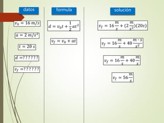 datos formula solución
𝑣0 = 16 𝑚/𝑠
𝑎 = 2 𝑚/𝑠2
𝑑 =? ? ? ? ? ?
𝑣𝑓 =? ? ? ? ? ?
𝑑 = 𝑣0 𝑡 +
1
2
𝑎𝑡2
𝑣𝑓 = 𝑣0 + 𝑎𝑡
𝑡 = 20 𝑠
𝑣𝑓 = 16
𝑚
𝑠
+ (2
𝑚
𝑠2
)(20𝑠)
𝑣𝑓 = 16
𝑚
𝑠
+ 40
𝑚 ∙ 𝑠
𝑠2
𝑣𝑓 = 16
𝑚
𝑠
+ 40
𝑚
𝑠
𝑣𝑓 = 56
𝑚
𝑠
 