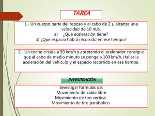 1.- Un cuerpo parte del reposo y al cabo de 2 s, alcanza una
velocidad de 10 m/s.
a) ¿Qué aceleración tiene?
b) ¿Qué espacio habrá recorrido en ese tiempo?
TAREA
2.- Un coche circula a 50 km/h y apretando el acelerador consigue
que al cabo de medio minuto se ponga a 100 km/h. Hallar la
aceleración del vehículo y el espacio recorrido en ese tiempo.
Investigar formulas de:
Movimiento de caída libre.
Movimiento de tiro vertical.
Movimiento de tiro parabolico.
INVESTIGACIÓN
 
