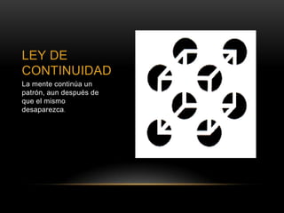 LEY DE
CONTINUIDAD
La mente continúa un
patrón, aun después de
que el mismo
desaparezca.
 