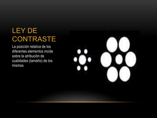 LEY DE
CONTRASTE
La posición relativa de los
diferentes elementos incide
sobre la atribución de
cualidades (tamaño) de los
mismos .
 