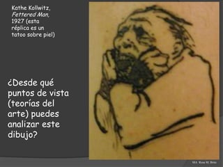 Kathe Kollwitz,
Fettered Man,
1927 (esta
réplica es un
tatoo sobre piel)




¿Desde qué
puntos de vista
(teorías del
arte) puedes
analizar este
dibujo?

                    MA Rosa M. Brito
 