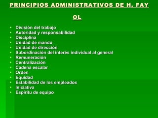 PRINCIPIOS ADMINISTRATIVOS DE H. FAYOL   División del trabajo   Autoridad y responsabilidad   Disciplina   Unidad de mando   Unidad de dirección   Subordinación del interés individual al general   Remuneración   Centralización   Cadena escalar   Orden   Equidad   Estabilidad de los empleados   Iniciativa   Espíritu de equipo   