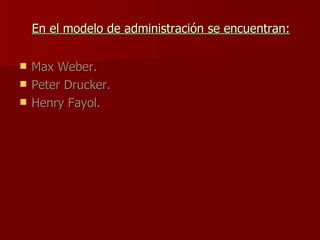 En el modelo de administración se encuentran: Max Weber. Peter Drucker. Henry Fayol. 