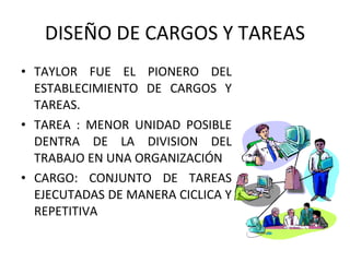 DISEÑO DE CARGOS Y TAREAS TAYLOR FUE EL PIONERO DEL ESTABLECIMIENTO DE CARGOS Y TAREAS. TAREA : MENOR UNIDAD POSIBLE DENTRA DE LA DIVISION DEL TRABAJO EN UNA ORGANIZACIÓN CARGO: CONJUNTO DE TAREAS EJECUTADAS DE MANERA CICLICA Y REPETITIVA 