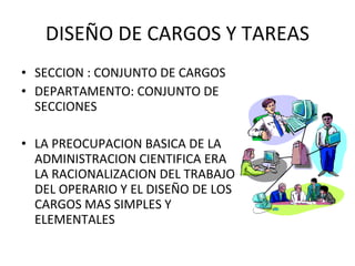SECCION : CONJUNTO DE CARGOS DEPARTAMENTO: CONJUNTO DE SECCIONES LA PREOCUPACION BASICA DE LA ADMINISTRACION CIENTIFICA ERA LA RACIONALIZACION DEL TRABAJO DEL OPERARIO Y EL DISEÑO DE LOS CARGOS MAS SIMPLES Y ELEMENTALES DISEÑO DE CARGOS Y TAREAS 