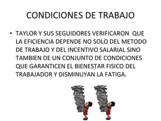 CONDICIONES DE TRABAJO TAYLOR Y SUS SEGUIDORES VERIFICARON  QUE LA EFICIENCIA DEPENDE NO SOLO DEL METODO DE TRABAJO Y DEL INCENTIVO SALARIAL SINO TAMBIEN DE UN CONJUNTO DE CONDICIONES QUE GARANTICEN EL BIENESTAR FISICO DEL TRABAJADOR Y DISMINUYAN LA FATIGA. 