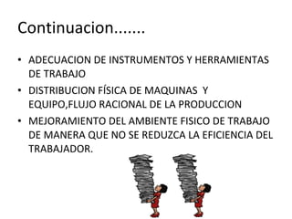 Continuacion....... ADECUACION DE INSTRUMENTOS Y HERRAMIENTAS DE TRABAJO DISTRIBUCION FÍSICA DE MAQUINAS  Y EQUIPO,FLUJO RACIONAL DE LA PRODUCCION MEJORAMIENTO DEL AMBIENTE FISICO DE TRABAJO DE MANERA QUE NO SE REDUZCA LA EFICIENCIA DEL TRABAJADOR. 