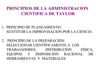 PRINCIPIOS DE LA ADMINISTRACION  CIENTIFICA DE TAYLOR 1.  PRINCIPIO DE PLANEAMIENTO:  SUSTITUIR LA IMPROVISACIÓN POR LA CIENCIA 2.  PRINCIPIO DE LA PREPARACIÓN: SELECCIONAR CIENTÍFICAMENTE A  LOS  TRABAJADORES, DISTRIBUCIÓN FÍSICA, EQUIPOS Y DISPOSICIÓN RACIONAL DE HERRAMIENTAS  Y  MATERIALES 