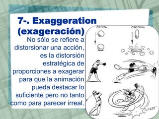 7-. Exaggeration
(exageración)

No sólo se reﬁere a
distorsionar una acción,
es la distorsión
estratégica de
proporciones a exagerar
para que la animación
pueda destacar lo
suﬁciente pero no tanto
como para parecer irreal.

 
