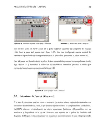 ANÁLISIS DEL SOFTWARE - LABVIEW
__________________________________________________________________________________
34
Figura 5.26 Terminal asignado Icono Show Connector Figura 5.27 Edit Icono Show Connector
Este mismo icono se puede editar en la parte superior izquierda del diagrama de bloques
(Edit Icon) a gusto del usuario (ver figura 5.27). Una vez configurado nuestro control de
terminales dependiendo de los requerimientos de la aplicación, guardamos el VI en nuestro PC.
Este VI puede ser llamado desde la paleta de funciones del diagrama de bloques pulsando donde
diga “Select VI” y mostrando el icono con sus respectivos terminales (pasando el mouse por
encima del icono) como se muestra en la figura 5.28
Figura 5.28 Icono ejemplo Show Connector
5.7 Estructuras de Control (Structures)
A la hora de programar, muchas veces es necesario ejecutar un mismo conjunto de sentencias con
un número determinado de veces, o que éstas se repitan mientras se cumplan ciertas condiciones.
LabVIEW dispone principalmente de cinco estructuras fácilmente diferenciables por su
apariencia y disponibles en la opción Structures que aparece en la paleta de funciones del
diagrama de bloques. Estas estructuras van ejecutando automáticamente lo que está programado
 