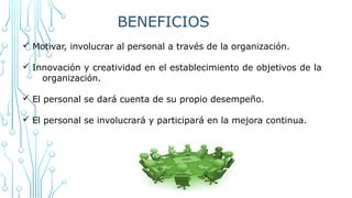 BENEFICIOS
ü Motivar, involucrar al personal a través de la organización.
ü Innovación y creatividad en el establecimiento de objetivos de la
organización.
ü El personal se dará cuenta de su propio desempeño.
ü El personal se involucrará y participará en la mejora continua.
 