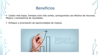Beneficios
Ø Costos más bajos, tiempos ciclo más cortos, consiguiendo uso efectivo de recursos.
Mejora y consistencia de resultados.
Ø Enfoque y priorización de oportunidades de mejora.
 