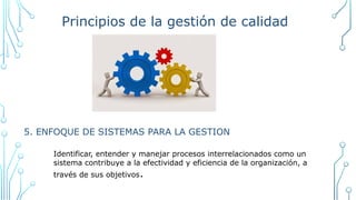 Principios de la gestión de calidad
5. ENFOQUE DE SISTEMAS PARA LA GESTION
Identificar, entender y manejar procesos interrelacionados como un
sistema contribuye a la efectividad y eficiencia de la organización, a
través de sus objetivos.
 