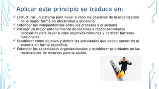 Aplicar este principio se traduce en:
ü Estructurar un sistema para llevar a cabo los objetivos de la organización
de la mejor forma en efectividad y eficiencia.
ü Entender las independencias entre los procesos y el sistema.
ü Proveer un mejor entendimiento de los roles y responsabilidades
necesarios para llevar a cabo objetivos comunes y derribar barreras
funcionales.
ü Establecer como objetivo y definir las actividades que deben operar en el
sistema en forma específica.
ü Entender las capacidades organizacionales y establecer prioridades en las
restricciones de recursos para la acción.
 