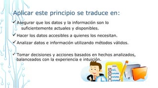 üAsegurar que los datos y la información son lo
suficientemente actuales y disponibles.
üHacer los datos accesibles a quienes los necesitan.
üAnalizar datos e información utilizando métodos válidos.
ü Tomar decisiones y acciones basados en hechos analizados,
balanceados con la experiencia e intuición.
Aplicar este principio se traduce en:
 
 