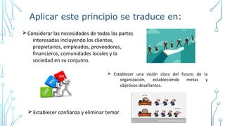 Aplicar este principio se traduce en:
ØConsiderar las necesidades de todas las partes
interesadas incluyendo los clientes,
propietarios, empleados, proveedores,
financieros, comunidades locales y la
sociedad en su conjunto.
Ø Establecer una visión clara del futuro de la
organización, estableciendo metas y
objetivos desafiantes.
ØEstablecer confianza y eliminar temor.
 