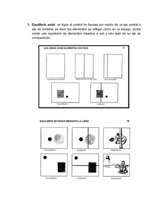 1. Equilibrio axial: se logra el control de fuerzas por medio de un eje central o
eje de simetría, es decir los elementos se reflejan como en un espejo, donde
existe una repetición de elementos situados a uno y otro lado de su eje de
comparación.
 