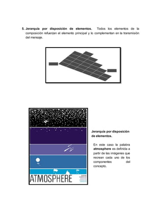 5. Jerarquía por disposición de elementos. Todos los elementos de la
composición refuerzan el elemento principal y lo complementan en la transmisión
del mensaje.
Jerarquía por disposición
de elementos.
En este caso la palabra
atmosphere es definida a
partir de las imágenes que
recrean cada uno de los
componentes del
concepto.
 