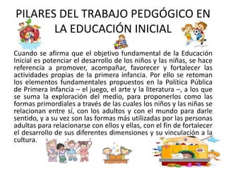 PILARES DEL TRABAJO PEDGÓGICO EN 
LA EDUCACIÓN INICIAL 
Cuando se afirma que el objetivo fundamental de la Educación 
Inicial es potenciar el desarrollo de los niños y las niñas, se hace 
referencia a promover, acompañar, favorecer y fortalecer las 
actividades propias de la primera infancia. Por ello se retoman 
los elementos fundamentales propuestos en la Política Pública 
de Primera Infancia – el juego, el arte y la literatura –, a los que 
se suma la exploración del medio, para proponerlos como las 
formas primordiales a través de las cuales los niños y las niñas se 
relacionan entre sí, con los adultos y con el mundo para darle 
sentido, y a su vez son las formas más utilizadas por las personas 
adultas para relacionarse con ellos y ellas, con el fin de fortalecer 
el desarrollo de sus diferentes dimensiones y su vinculación a la 
cultura. 
 