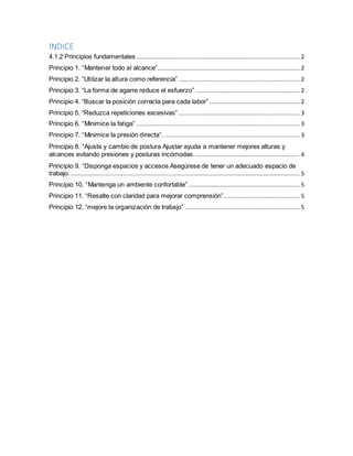 INDICE 
4.1.2 Principios fundamentales .............................................................................................. 2 
Principio 1. “Mantener todo al alcance”.................................................................................. 2 
Principio 2. “Utilizar la altura como referencia” ...................................................................... 2 
Principio 3. “La forma de agarre reduce el esfuerzo” ............................................................ 2 
Principio 4. “Buscar la posición correcta para cada labor” .................................................... 2 
Principio 5. “Reduzca repeticiones excesivas” ...................................................................... 3 
Principio 6. “Minimice la fatiga” .............................................................................................. 3 
Principio 7. “Minimice la presión directa”. .............................................................................. 3 
Principio 8. “Ajuste y cambio de postura Ajustar ayuda a mantener mejores alturas y 
alcances evitando presiones y posturas incómodas. ............................................................ 4 
Principio 9. “Disponga espacios y accesos Asegúrese de tener un adecuado espacio de 
trabajo. .................................................................................................................................... 5 
Principio 10. “Mantenga un ambiente confortable” ................................................................ 5 
Principio 11. “Resalte con claridad para mejorar comprensión”............................................ 5 
Principio 12. “mejore la organización de trabajo” .................................................................. 5 
 