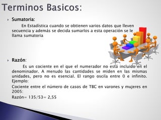  Sumatoria:
En Estadística cuando se obtienen varios datos que lleven
secuencia y además se decida sumarlos a esta operación se le
llama sumatoria
 Razón:
Es un cociente en el que el numerador no está incluido en el
denominador. A menudo las cantidades se miden en las mismas
unidades, pero no es esencial. El rango oscila entre 0 e infinito.
Ejemplo:
Cociente entre el número de casos de TBC en varones y mujeres en
2005:
Razón= 135/53= 2,55
 