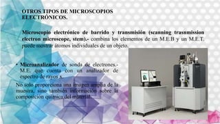 OTROS TIPOS DE MICROSCOPIOS
ELECTRÓNICOS.
• Microanalizador de sonda de electrones.-
M.E. que cuenta con un analizador de
espectro de rayos x.
No solo proporciona una imagen amplia de la
muestra, sino también información sobre la
composición química del material.
Microscopio electrónico de barrido y transmisión (scanning trasnmission
electron microscope, stem).- combina los elementos de un M.E.B y un M.E.T.
puede mostrar átomos individuales de un objeto.
 