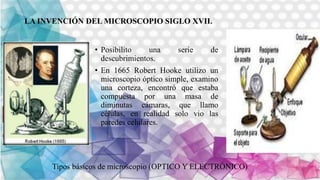 LA INVENCIÓN DEL MICROSCOPIO SIGLO XVII.
• Posibilito una serie de
descubrimientos.
• En 1665 Robert Hooke utilizo un
microscopio óptico simple, examino
una corteza, encontró que estaba
compuesta por una masa de
diminutas cámaras, que llamo
células, en realidad solo vio las
paredes celulares.
Tipos básicos de microscopio (OPTICO Y ELECTRÓNICO)
 