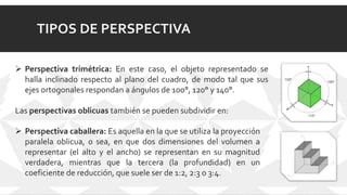 TIPOS DE PERSPECTIVA
 Perspectiva trimétrica: En este caso, el objeto representado se
halla inclinado respecto al plano del cuadro, de modo tal que sus
ejes ortogonales respondan a ángulos de 100°, 120° y 140°.
Las perspectivas oblicuas también se pueden subdividir en:
 Perspectiva caballera: Es aquella en la que se utiliza la proyección
paralela oblicua, o sea, en que dos dimensiones del volumen a
representar (el alto y el ancho) se representan en su magnitud
verdadera, mientras que la tercera (la profundidad) en un
coeficiente de reducción, que suele ser de 1:2, 2:3 o 3:4.
 