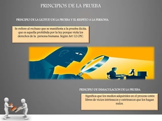 PRINCIPIO DE LA LICITUD DE LA PRUEBA Y EL RESPETO A LA PERSONA:
Se refiere al rechazo que se manifiesta a la prueba ilícita,
que es aquella prohibida por la ley porque viola los
derechos de la persona humana. Según Art 12 CPC.
PRINCIPIOS DE LA PRUEBA
PRINCIPIO DE INMACULACION DE LA PRUEBA:
Significa que los medios adquiridos en el proceso estén
libres de vicios intrínsecos y extrínsecos que los hagan
nulos.
 