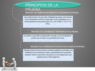 PRINCIPIO DE LA IDONEIDAD Y PERTINENCIA DE LA PRUEBA:
PRINCIPIO DE LA OBTENCION COACTIVA DE LOS MEDIOS DE PRUEBA:
Se refiere a que debe corresponder el medio, con la finalidad de
probar que se tiene y lo permitido por la Ley.
Permite al Juez el tener acceso a archivos públicos y privados, a la
exhibición de documentos y libros, allanamiento de inmuebles,
imponer ciertas coacciones a las partes y a los testigos para que
comparezcan a interrogatorios.
PRINCIPIOS DE LA
PRUEBA
PRINCIPIO DEL DEBER DE LAS PARTES DE COLABORAR EN LA PRUEBA:
Esa colaboración a la que están obligadas las partes está inscrita
en la solidaridad social de cooperación de los ciudadanos en el
funcionamiento de la justicia.(Art. 26 y 257 CRBV y 12,17,170
CPC).
 