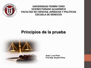 UNIVERSIDAD FERMÍN TORO
VICERECTORADO ACADÉMICO
FACULTAD DE CIENCIAS JURÍDICAS Y POLÍTICAS
ESCUELA DE DERECHO
Principios de la prueba
Autor: Luis Peña
Prof Abg. Keydis Pérez
 