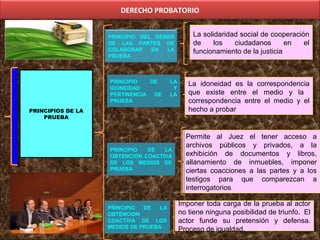 DERECHO PROBATORIO
PRINCIPIO DE LA
IDONEIDAD Y
PERTINENCIA DE LA
PRUEBA
Permite al Juez el tener acceso a
archivos públicos y privados, a la
exhibición de documentos y libros,
allanamiento de inmuebles, imponer
ciertas coacciones a las partes y a los
testigos para que comparezcan a
interrogatorios.
Permite al Juez el tener acceso a
archivos públicos y privados, a la
exhibición de documentos y libros,
allanamiento de inmuebles, imponer
ciertas coacciones a las partes y a los
testigos para que comparezcan a
interrogatorios.
PRINCIPIO DE LA
OBTENCION COACTIVA
DE LOS MEDIOS DE
PRUEBA
PRINCIPIOS DE LA
PRUEBA
PRINCIPIO DEL DEBER
DE LAS PARTES DE
COLABORAR EN LA
PRUEBA
La solidaridad social de cooperación
de los ciudadanos en el
funcionamiento de la justicia
La solidaridad social de cooperación
de los ciudadanos en el
funcionamiento de la justicia
La idoneidad es la correspondencia
que existe entre el medio y la
correspondencia entre el medio y el
hecho a probar
La idoneidad es la correspondencia
que existe entre el medio y la
correspondencia entre el medio y el
hecho a probar
PRINCIPIO DE LA
OBTENCION
COACTIVA DE LOS
MEDIOS DE PRUEBA
Imponer toda carga de la prueba al actor
no tiene ninguna posibilidad de triunfo. El
actor funde su pretensión y defensa.
Proceso de igualdad.
Imponer toda carga de la prueba al actor
no tiene ninguna posibilidad de triunfo. El
actor funde su pretensión y defensa.
Proceso de igualdad.
 