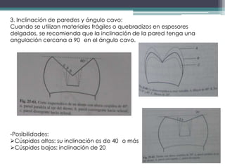 3. Inclinación de paredes y ángulo cavo:
Cuando se utilizan materiales frágiles o quebradizos en espesores
delgados, se recomienda que la inclinación de la pared tenga una
angulación cercana a 90 en el ángulo cavo.

-Posibilidades:
Cúspides altas: su inclinación es de 40 o más
Cúspides bajas: inclinación de 20

 